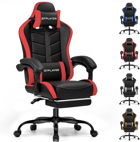 GTPLAYER Gaming Chair with Footrest, Computer Chairs for Adults Ergonomic Headrest Lumbar Support Height Adjustable 360°-Swivel Reclining PU PC Chair