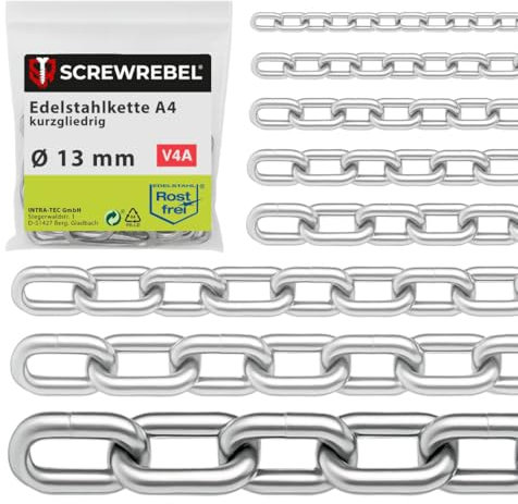 SCREW REBEL 13,0 mm starke Edelstahlkette A4 rostfrei, Industriekette 1 m lang, kalibriert, Ankerkette kurzgliedrig DIN 766, Stahlkette, Schiffskette V4A mit 1 Meter Länge