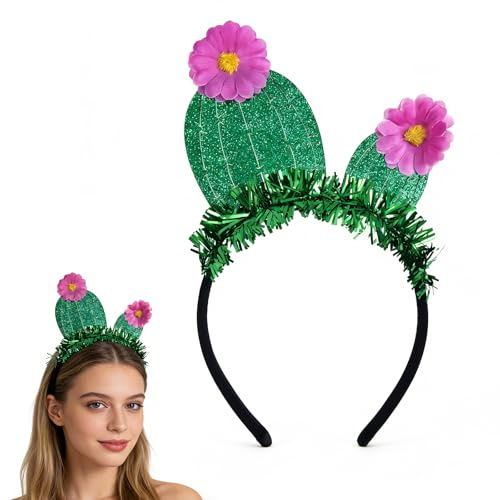 YUEELI Lustig Kaktus Stirnband mit rosa Blumen, grün Glitter Stirnband Hawaiian Kopfstück Strand Sommer Tropische Party Kopfstück Halloween Kostüm Cosplay Haaraccessoires für Frauen und Mädchen