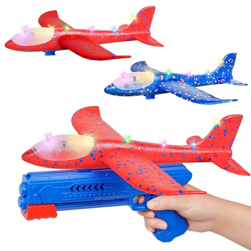 Philivivi 3er Pack Wurfgleiter Flugzeug Spielzeug für Kinder | Styropor Schaumflugzeug mit LED & Launcher, Outdoor Flieger bis 15m, Geschenk für Jungen & Mädchen