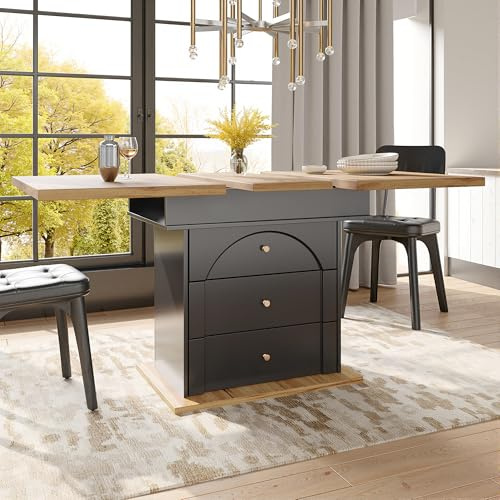Gxffipw Esstisch Ausziehbar mit Gewölbte Schranktüren für 4-6 Personen, Esszimmertische mit Türen und 2 Schublade, Esszimmertisch Ausziehbar, Esszimmermöbel, Holzfarbe+Schwarz, 110-140x80x75 cm