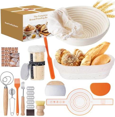 JOJOSEE Gärkörbchen Set aus Rattan für Sauerteig Starter | inkl. Teigschaber, Rostmesser, Gärtuch & mehr - Komplett Ausrüstung für Anfänger Profis
