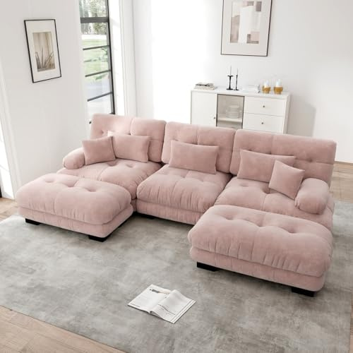 EURHCIO Canapé d'angle Modulable,Canapé 3 Places Salon en Chenille,2 Poufs,avec Coussin et Accoudoirs Rembourrés Circulaires,pour Salon,Bureau et Home Cinéma (Rose, 3places+2poufs)