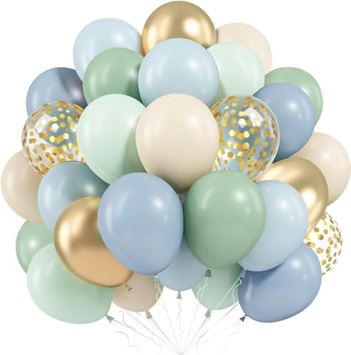 Luftballons Blau Salbeigrün, 60 Stück Helium Ballons Blau Grün Beige Gold | Latex Ballons Metallic Gold Konfetti Ballons, Blaue Grün Ballons, Hochzeit Geburtstag Babyparty Dschungel Safari Deko