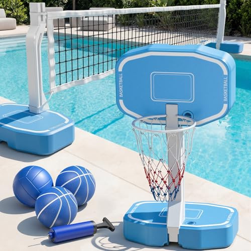 Rete da pallavolo da piscina e canestro da basket 2 in 1, rete da pallavolo per piscine interrate, canestro da basket a bordo piscina con base e supporto, include 3 palline/2 base/pompa, giochi estivi