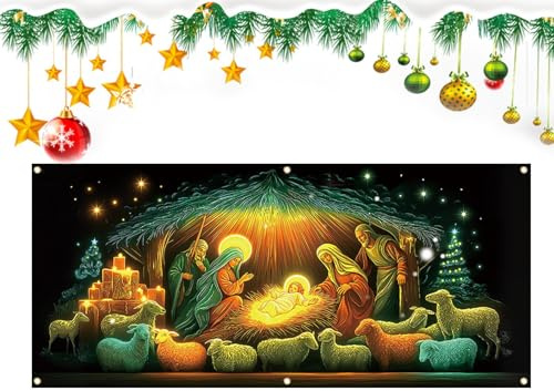 JINGLING Weihnachtstür Dekoration Abdeckung | Religiöse Große Jesus-Szene Haustür-Abdeckungen | Weihnachts Vorbau Schild Banner Dekoration - Für Zuhause Party Winter Bauernhaus Neujahr