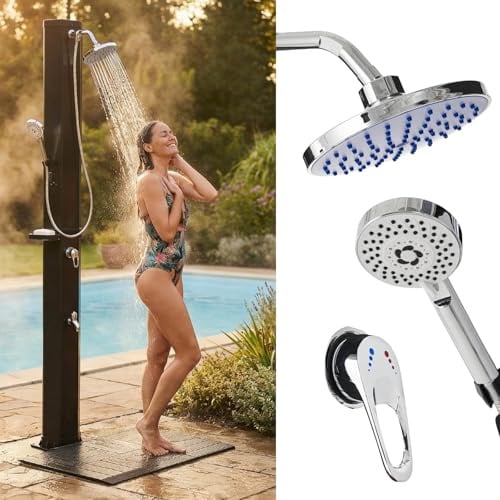 BRAST 3in1 Solardusche Gartendusche | 60 Liter | Handbrause & Fußdusche | Gartenschlauch-Anschluss, inkl. Standmatte Abdeckcover & Seifenhalterung, ohne Stromanschluss