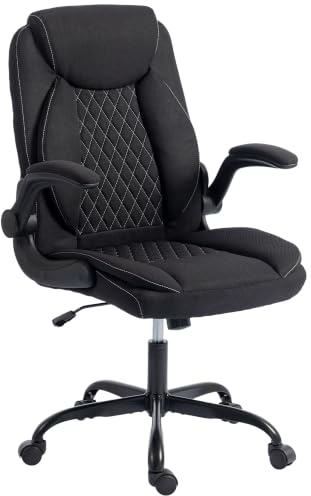 HOMCOM Executive Office Chair with Flip-Up Armrests for Home Black | Linen-Look Computer Desk Chair, Thick Cushion, Tilt Function, Height Adjustable