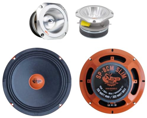 SP Audio KIT 2 SP8CM-SLIM 20 cm (8) Mitteltöner, 4 Ohm, 150 Watt RMS, 300 Watt max. + 2 SPTW48 10 cm (4) Hochtöner, 4 Ohm, 200 Watt RMS, 400 Watt max., Paar