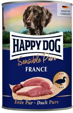 Happy Dog Sensible Pure France Ente Nassfutter, 6x400 g Monoprotein | Monoprotein-Nassfutter mit 70 % reinem Ente, getreide- und sojafrei, Rezeptur ohne Zuckerzusatz, für sensible Hunde
