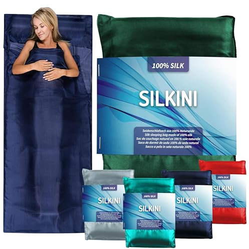 Silkini® - Seidenschlafsack aus 100% Naturseide, Hüttenschlafsack, Inlett, Sommerschlafsack aus echter Seide, grün
