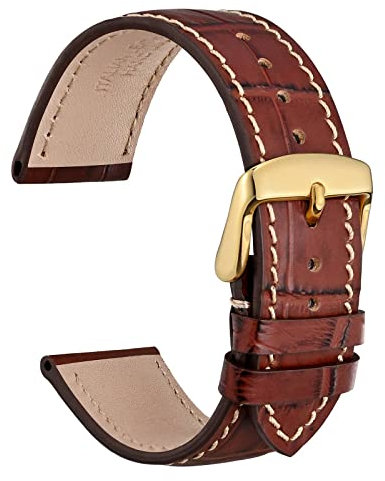 WOCCI 19mm Uhrenarmband Leder für Damen und Herren, Geprägtes Alligator, Goldene Schnalle (Braun mit Beige Nähten)