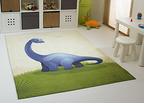 Steffensmeier Dinosaurier Teppich Dino Kinderteppich Kinderzimmer Denni in beige blau, Ökotex Zertifiziert, Größe:140x200 cm