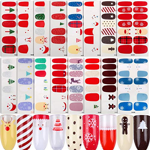 16 Packs Full Nail Wraps Christmas Nail Polish Stickers Christmas Tree Santa Snowflake Snowman Self Adhesive Nail Decals Stickers
