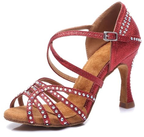 MINITOO Women's Ballroom Dance Shoes Glitter Rhinestones Salsa Latin Dancing Heels L419 Red UK 4.5