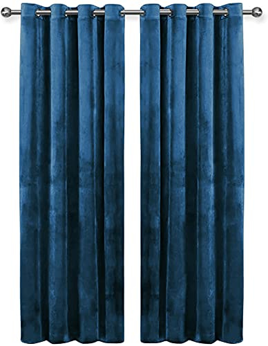 Oxford Homeware Navy Blackout Curtains for Bedroom – Crushed Velvet Curtains 90x90 - Thermal Insulated Curtains for Living Room + 2 Tie Backs (228cm x 228cm)