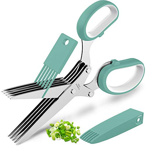 Aktualisiertes 2020 Kräuterscheren Set – Coole Küchenhelfer zum Schneiden von frischen Gartenkräutern – Kräuterschere mit 5 Klingen und Abdeckung, scharfer und rostfreier Edelstahl
