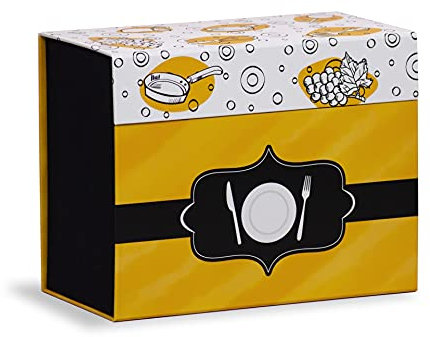 Mareli Scatola Ricettario con 60 schede illustrate da compilare con proprie Ricette e 6 divisori con Disegno pietanze 22,5x11x17, Nero e Giallo