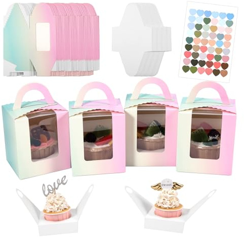 Roponan 30 Pieces Single Cupcake Boxes, Paper Bakery Boxes, Individual Cupcake Carriers with Clear Display Window, Handle and Insert (Gradients)