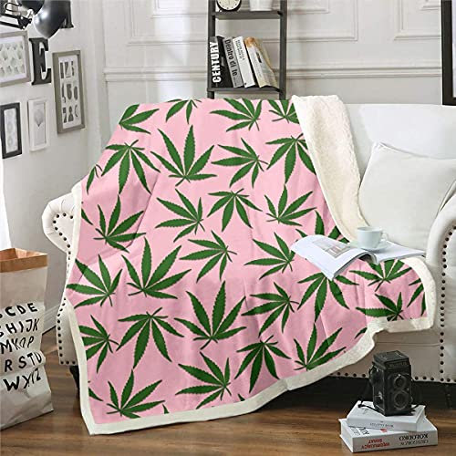 Homemissing Marihuana Blatt Kuscheldeckes Cannabis Blätter Decke 150x200cm Rosa Marihuana Weed Blatt Botanisch Flanell Fleecedecke und Grün Pflanzen Hanf Wohndecke für Schlafsofa Couch