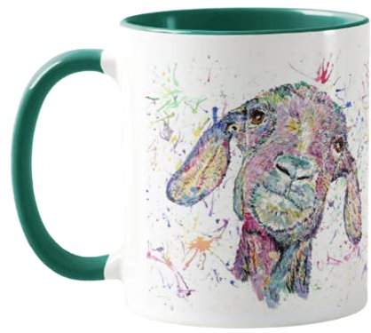 Tasse, Motiv: Ziegenfarm, Wasserfarben, Regenbogenfarben, für Geburtstag, Arbeit, Büro, Weihnachten, Tee und Kaffee (D-Grün)