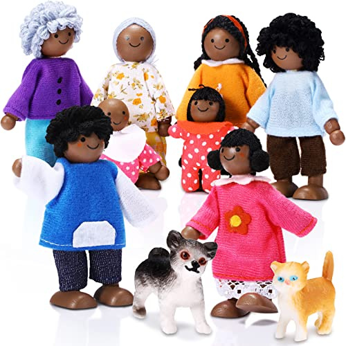 Doll Wooden House People of 8 Miniature Figures and 2 Pets, Cute Style