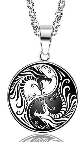 BlackAmazement Anhänger 316L Edelstahl Halskette Yin Yang Drache Dragon Silber schwarz Damen Herren (Silber/Schwarz)