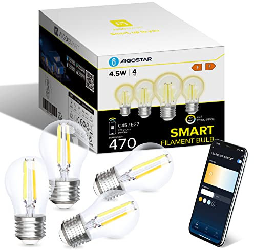 Aigostar Alexa Glühbirne E27, Smart LED Vintage Lampe, Smarte Glühbirne G45 Transparent Globe, 4.5W 470LM, Warmweiß Dimmbar 2700K -6500K, Kompatibel mit Alexa und Google Home, 4 Stücke