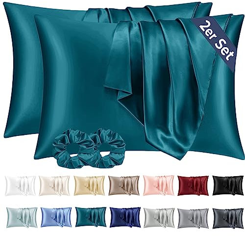 Vielit 2er Set Satin Kissenbezug 40 x 80 Petrol, Weich wie Seidenkissenbezug 40x80,Bessere Pflege als Silk Pillosecase,Satin Kopfkissenbezug Kissenhülle für Haar und Haut mit 2 Haargummis