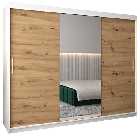 MEBLE KRYSPOL Kleiderschrank mit Spiegel Tokyo 1 - Garderobenschrank - Schrank Schlafzimmer - Mehrzweckschrank DREI Schiebetüren - Regalen - Flur Möbel - Kleiderstange Schrank - Allzweckschrank