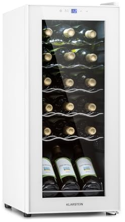 Klarstein Shiraz Weinkühlschrank Weiß – 18 Flaschen, 50 L, 1 Zone | Getränkekühlschrank mit Glastür, freistehend, leise, 5–18 °C, LED, Edelstahlrahmen