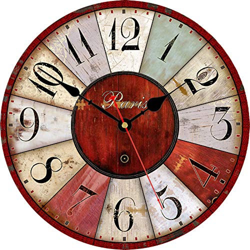TAHEAT 30 cm Vintage Rot Wanduhr, Uhren im Französischen Pariser Stil, Lautlos Ohne Tickgeräusche Landhausstil Retro Uhren, Holz Wanddekoration für Küche/Wohnzimmer/Schlafzimmer/Büro