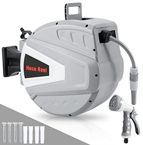 Gimisgu Versenkbarer Schlauchtrommel, 20+2m Schlauchaufroller Wasser mit Wandhalterung, Gartenschlauch automatisches Aufrollen, 180° Schwenkbar, 9 Schlauchdüsenmuster
