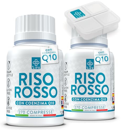 Riso Rosso Fermentato Colesterol Con Coenzima Q10 PiùLife, 540 Compresse Lievito di Riso Rosso Integratore Fonte di Monacolina K, Antiossidante Ricco Di Fibre E Polifenoli, Benessere Cardiovascolare