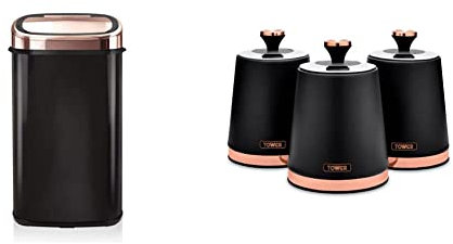Tower T80904RB Kitchen Bin with Sensor Lid, Automatic Soft-Close, Manual Override, 58 Litre, Black and Rose Gold & T826131BLK Cavaletto Set of 3 Storage Canisters, Black and Rose Gold