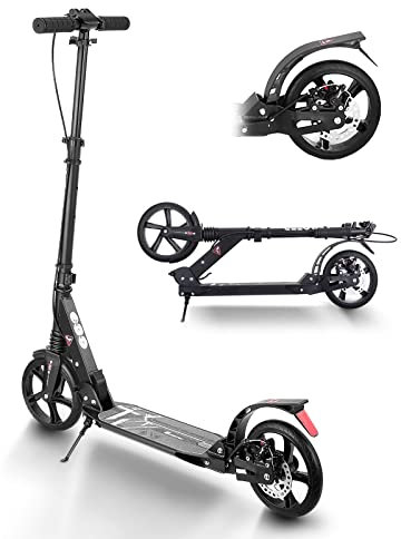 Bueuwe City Roller Erwachsene 150 kg Tragkraft, Big Wheel Scooter Roller Kinder 10 Jahre, Tretroller mit Stoßdämpfer, Große Räder Kickboard Cityroller, Klappbar & Höhenverstellbar, Schwarz