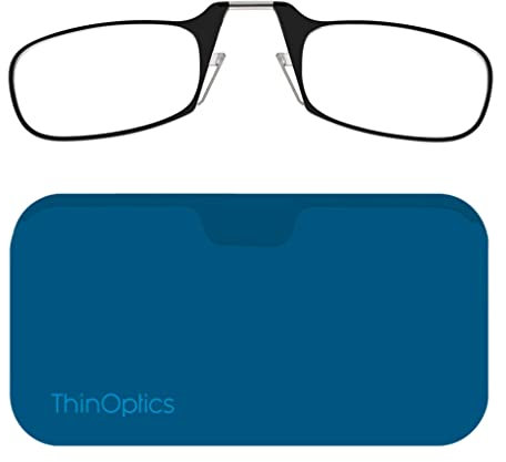 ThinOptics Reading Glasses 2.00 Black Frames with Blue Universal Pod Compact Case - Ultra-light Foldable Rectangular Glasses - Clip-on Nose - 2.00 Strength with Flex-Fit Technology