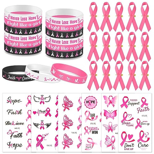 HOWAF Octobre Rose Bracelets en Silicone Broches en Forme De Ruban en Satin Cancer du Sein d'Octobre Rose Ruban Tatouages Temporaires pour Sensibilisation de Cancer Sein d'Octobre Rose Décoration