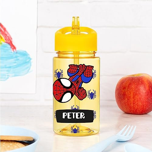 Wanapix | Botella Infantil Personalizada| Botella de Agua para Niños | Con Pajita y Asa Transporte | Colegio/Guardería | Plástico Libre BPA | 440 ml | Amarillo - Spider