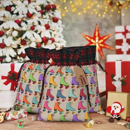 Geschenktüten mit Kordelzug, 21,6 x 30,6 cm, Weihnachts-Kordelzug-Tasche, Retro, bunte Rollschuhe, wiederverwendbar, Weihnachtsgeschenkbeutel für Partys, Geschenktüten für Geschenke, Dekorationen,
