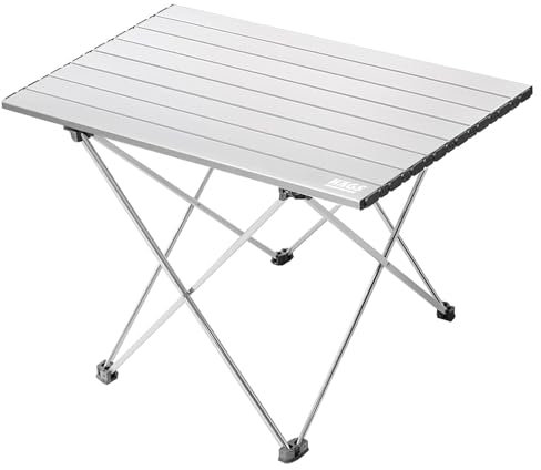 HAEGS Mesa de camping plegable ligera de aluminio, portátil, compacta, al aire libre, para picnic, barbacoa, actividades de naturaleza, senderismo, playa, grande, color plateado