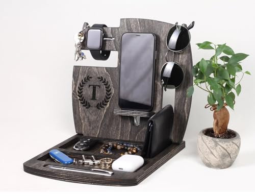 Wooden Docking Station Desk or Bedside Organiser for Him Mobile Phone Holder Xmas Gift Anniversary Birthday Gifts (Stone Colour, Personalised)