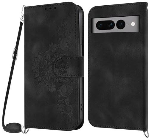 NETANY Coque pour Google Pixel 7 Pro avec Cordon, Etui pour Google Pixel 7 Pro avec Cordon Collier, Cuir Flip Portefeuille, Housse Case Etui avec [Bandoulière Réglable] Lanyard Case Cover (Noir)