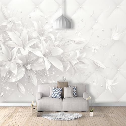 SPECUFX Papier Peint Panoramique Mural 3d Soie Fleurs Lys Blanc Perles 350x256cm Grandes Murales Poster pour Salon, Adulte Chambre d'enfants, Étude Décoration
