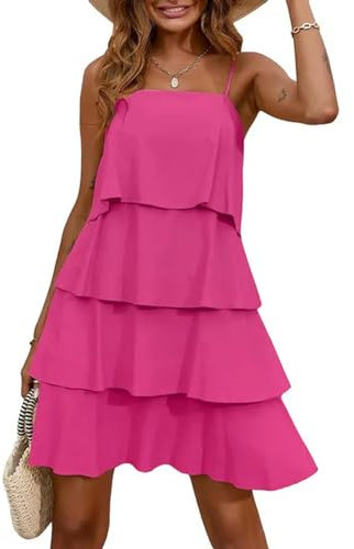 Robe d'été à Volants en Couches pour Femmes sans Bretelles sans Manches Resort Beach débardeur Robe plissée Robe trapèze-Rose Vif-L
