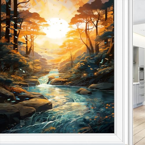 Bunte Wald-Fensterfolie, Sonnenblockierung, moderner Fluss, Morgen, Sonnenaufgang, Landschaft, Buntglas-Fensterfolie, kein Kleber, dekorative Fensterhaftung für Fenster und Glastür, 60 x 90 cm