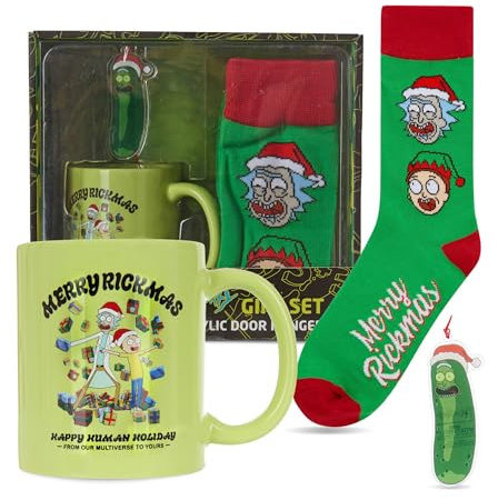 Culture Fly Rick & Morty Kaffeetassen-Geschenkset für Frauen und Männer, 3-teiliges Tasse, Socken, Weihnachtsdekoration, Geschenkset, lustige Charaktere, Weihnachtstassen Set, Strumpfleider, weißer