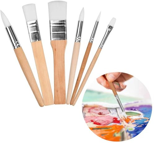 Wood Painting Brush Set, 6 Pcs Paintbrushes, Nylon Hair Paint Brushes Professional Artist Paint Brushes Round Flat Pointed Tip Painting Brushes Chip Paintbrushes for Watercolor, Oil Paint