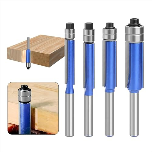 Yuentoen 4 Stück Bündigfräser Fräser Set,Blau Bündigfräser 1/4 Zoll Schaft | Doppelseitiger Fräser mit Lagern,Nutfräser Bündigfräser Set für Holzbearbeitungswerkzeuge Zum Schneiden, Trimmen