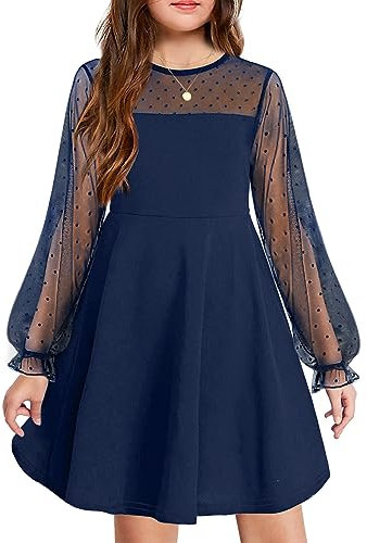 Arshiner Girls Puff Long Sleeve Dress Kids Mesh A-Line Elegant Casual Party Princess Dress Navy Blue 160 12-13 Years